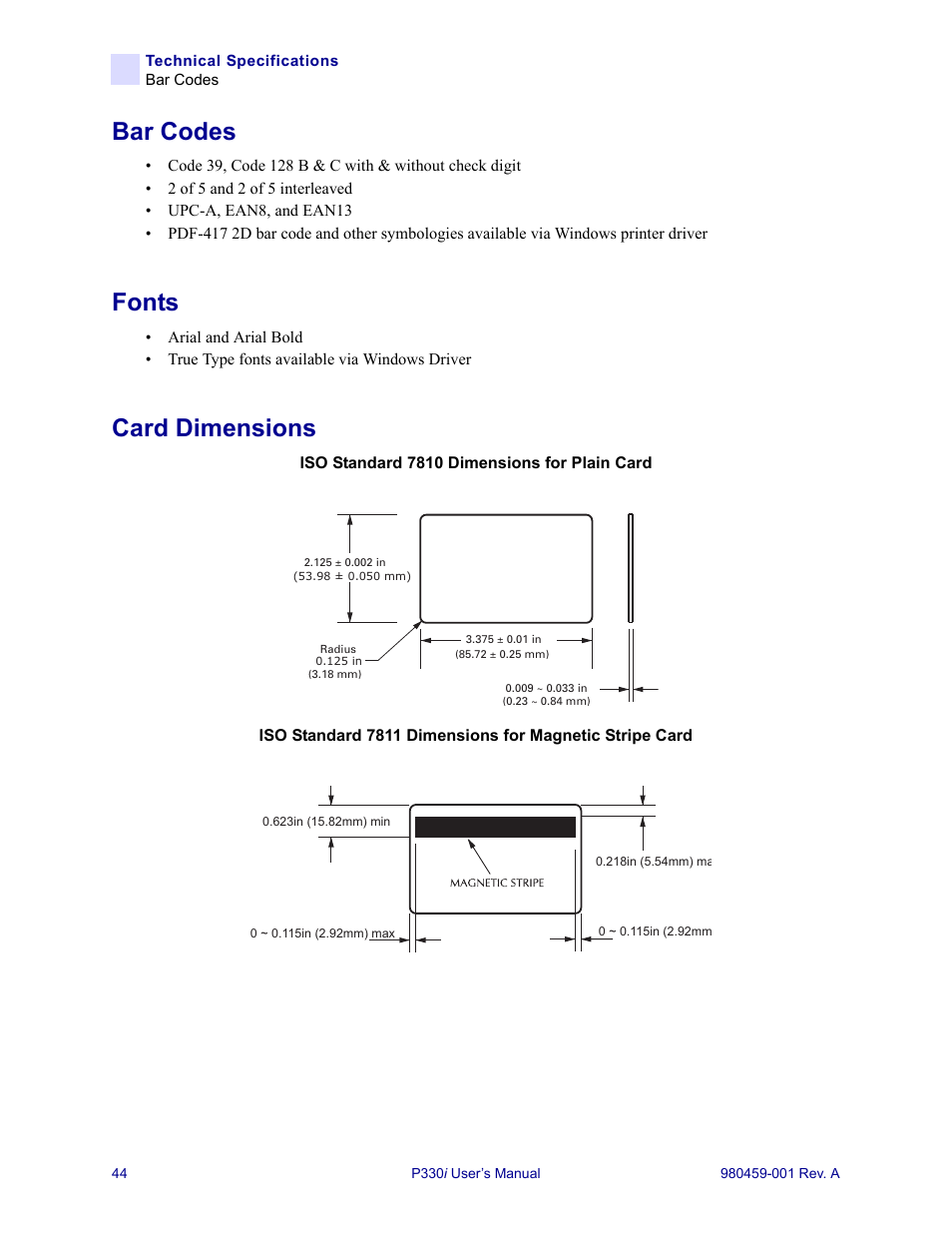 Bar codes, Fonts, Card dimensions | Bar codes fonts card dimensions | Zebra Technologies Zebra P330i User Manual | Page 56 / 66