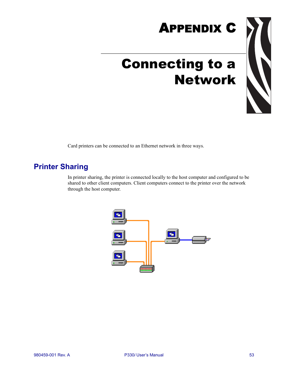 Connecting to a network, Printer sharing, Ppendix | Zebra Technologies Zebra P330i User Manual | Page 65 / 66