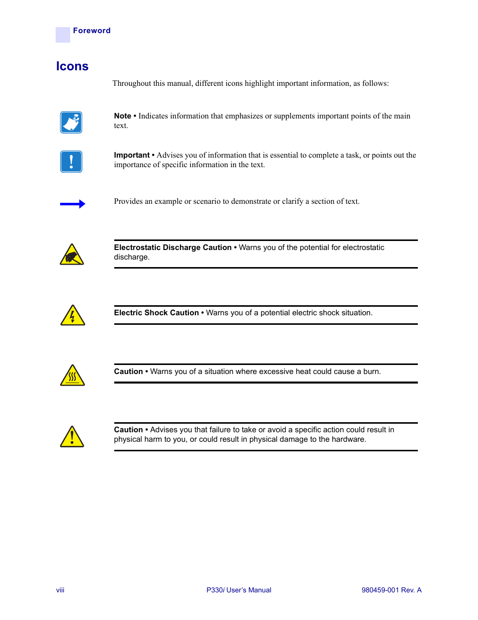 Icons | Zebra Technologies Zebra P330i User Manual | Page 8 / 66