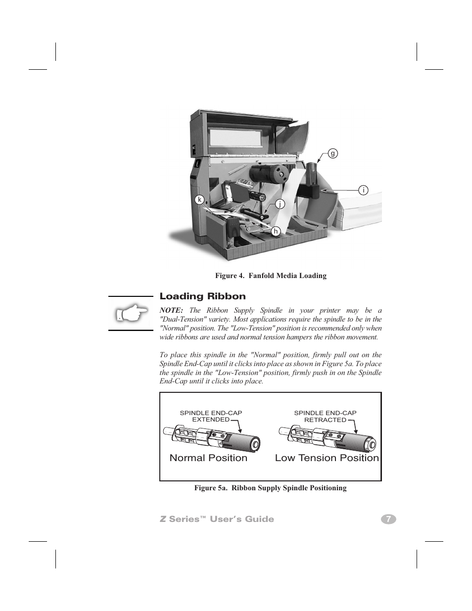 Media & ribbon loading, Media 5, Media loading 5 | Low tension position, Normal position, Loading ribbon | Zebra Technologies Zebra Z4000 User Manual | Page 15 / 98