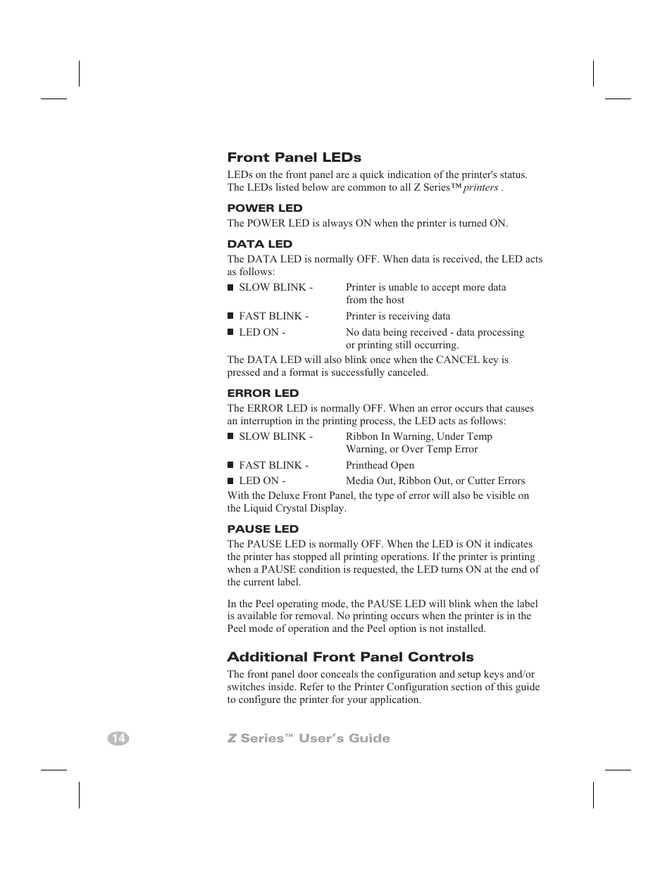 Front panel leds, Additional front panel controls | Zebra Technologies Zebra Z4000 User Manual | Page 22 / 98