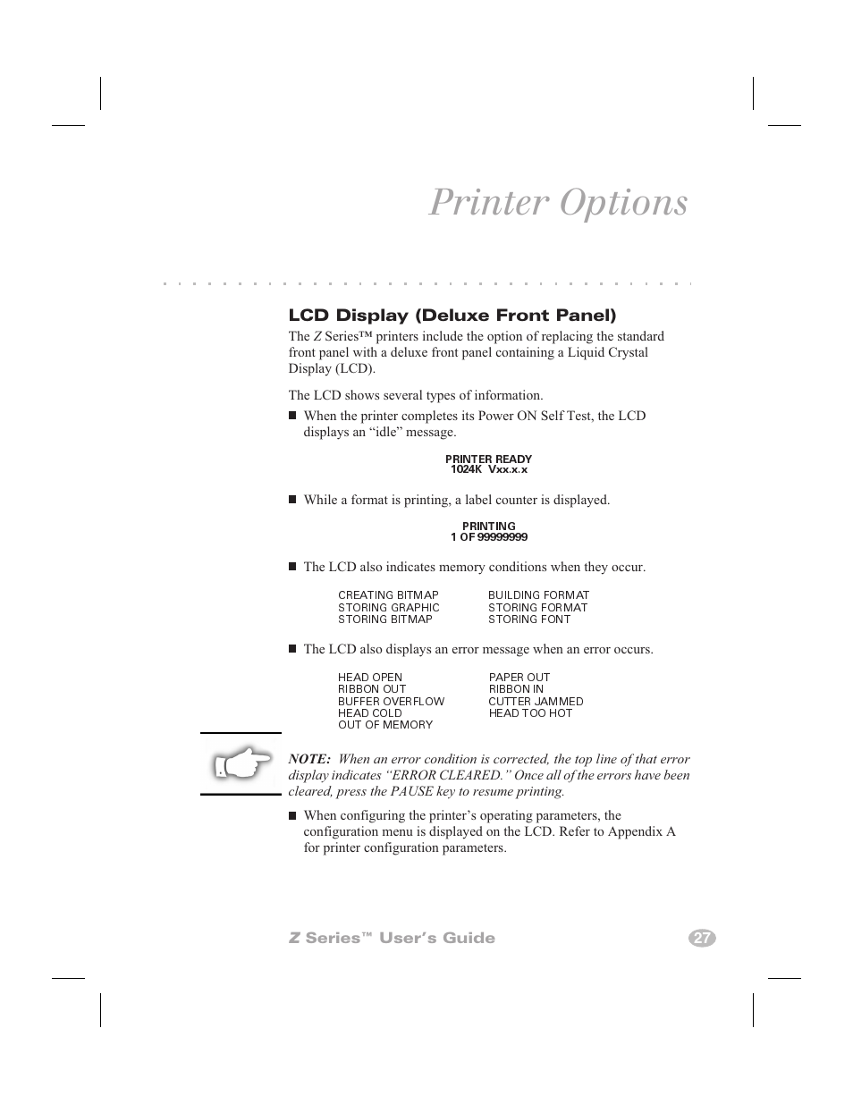 Power rewind/power peel media alignment 25, Power peel 25, Power rewind 25 | Printer options, Lcd display (deluxe front panel), Z series™ user’s guide 27 | Zebra Technologies Zebra Z4000 User Manual | Page 35 / 98