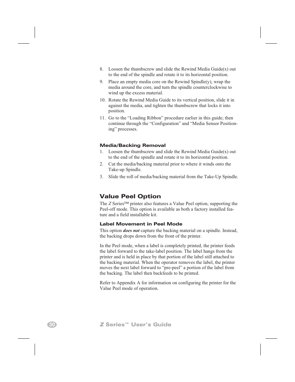 Power rewind/power peel option 28, Power peel 28, Power rewind 28 | Printer options 28, Value peel option | Zebra Technologies Zebra Z4000 User Manual | Page 38 / 98
