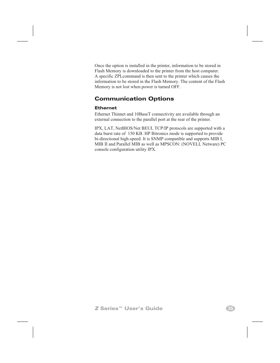 Electronics options 33, Communication options 33, Communication 33 | Dram memory 33, Flash memory 33, Pcmcia memory card 33, Communication options | Zebra Technologies Zebra Z4000 User Manual | Page 43 / 98