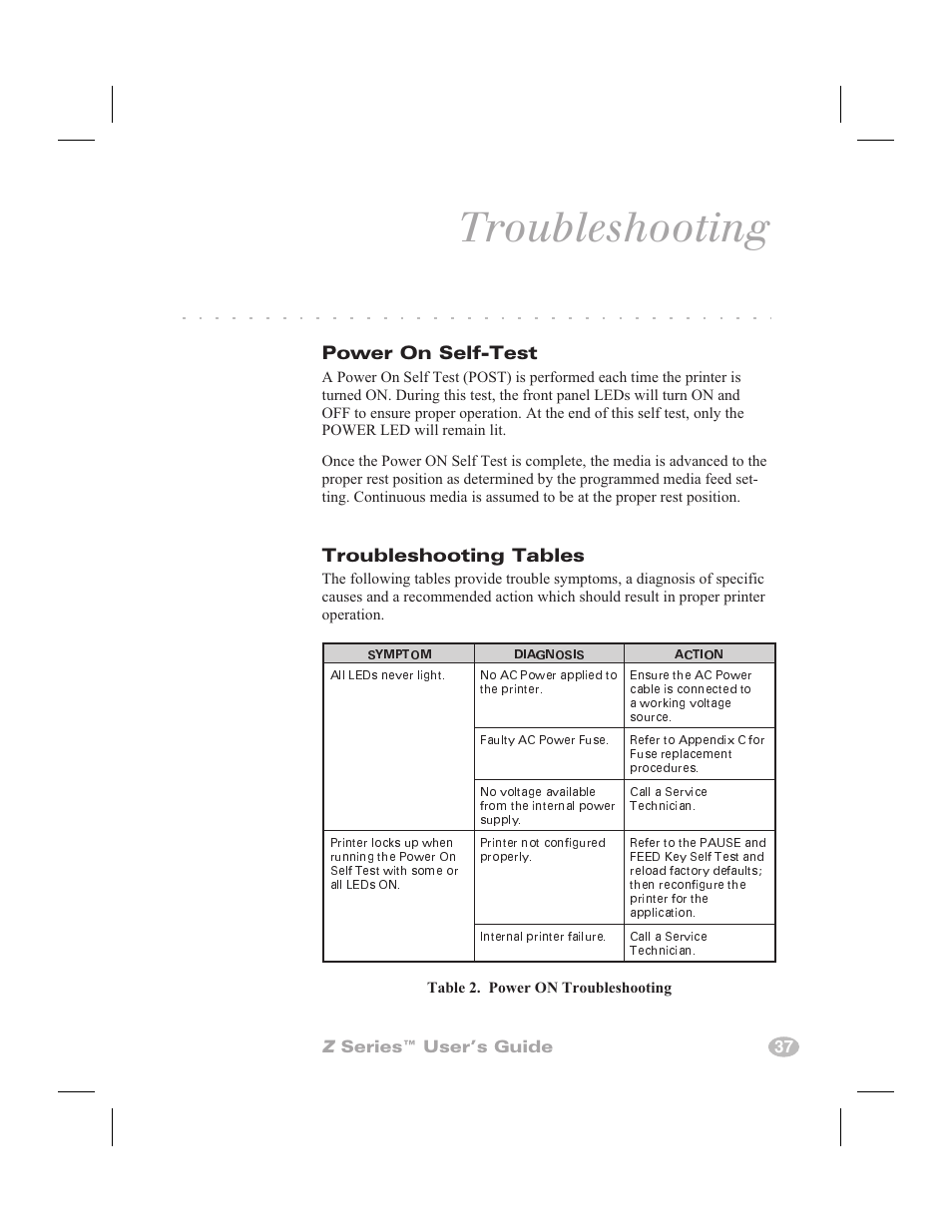 Troubleshooting, Power on self-test, Troubleshooting tables | Z series™ user’s guide 37 | Zebra Technologies Zebra Z4000 User Manual | Page 45 / 98