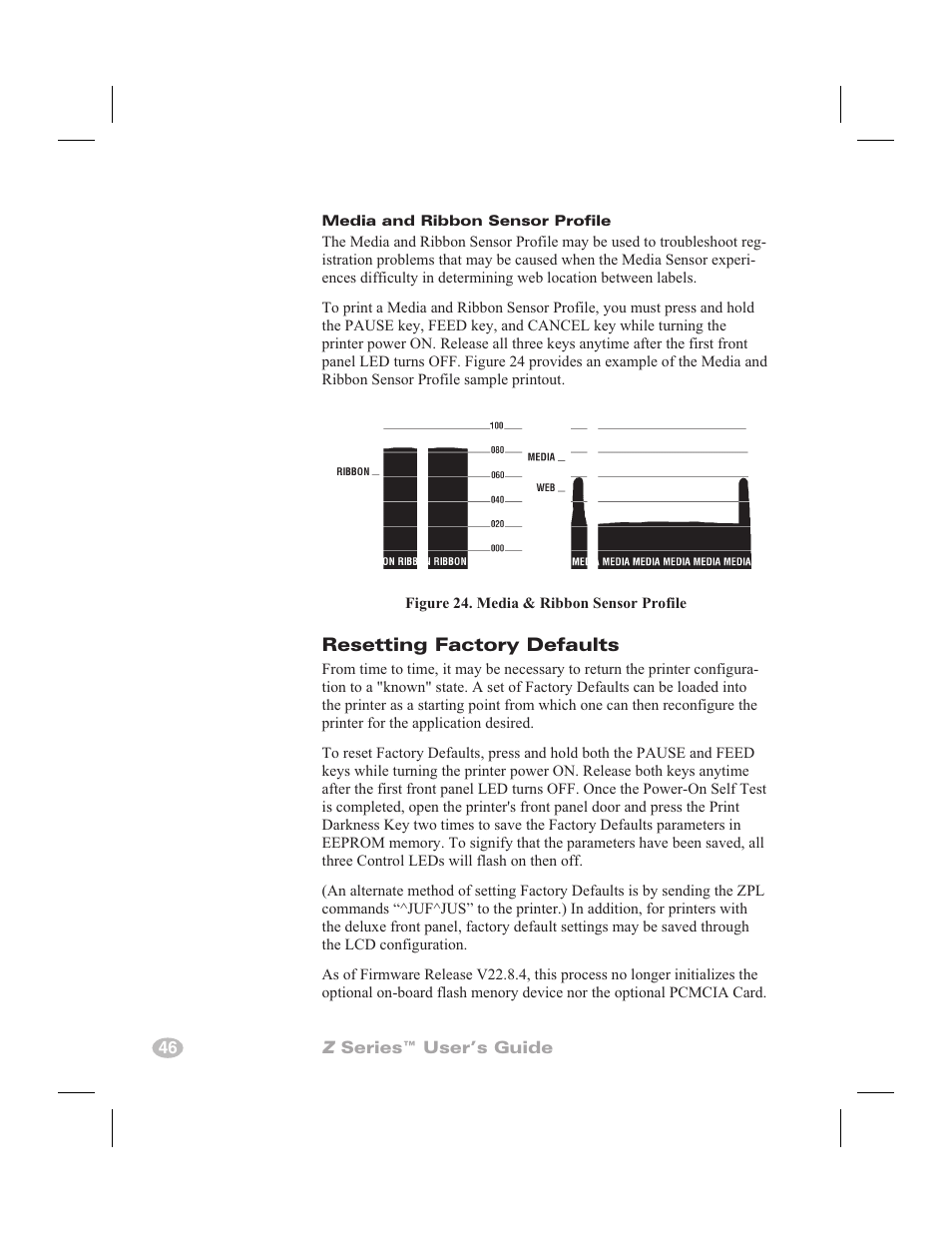 Initializing the flash memory and pcmcia card 45, Automatically executed format 45, Flash memory 45 | Pcmcia card 45, Resetting factory defaults | Zebra Technologies Zebra Z4000 User Manual | Page 54 / 98