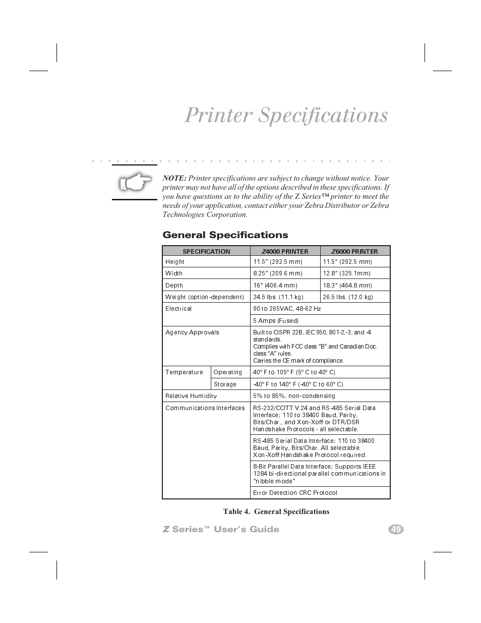 Printing specifications 48, Ribbon specifications 48, Specifications 48 | Printer specifications, General specifications, Z series™ user’s guide 49 | Zebra Technologies Zebra Z4000 User Manual | Page 57 / 98