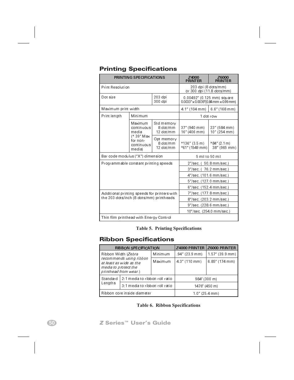 Media specifications 49, Printing specifications ribbon specifications, 50 z series™ user’s guide | Zebra Technologies Zebra Z4000 User Manual | Page 58 / 98