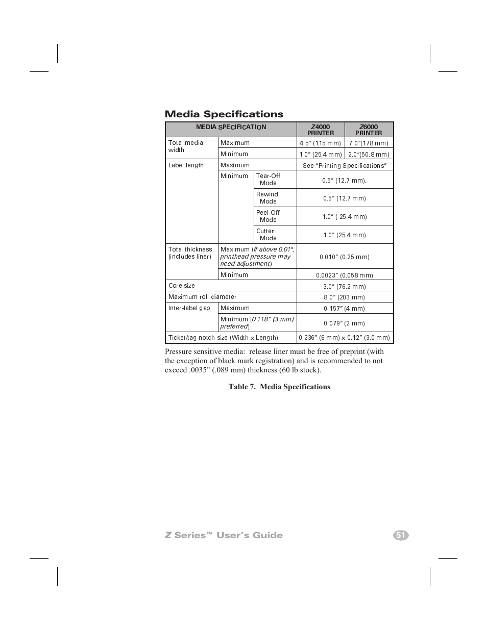 Zebra programming language (zpl ii®) 50, Bar codes 50, Media specifications | Z series™ user’s guide 51 | Zebra Technologies Zebra Z4000 User Manual | Page 59 / 98