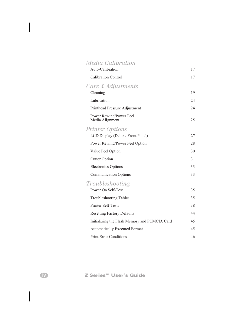 Media calibration, Care & adjustments, Printer options | Troubleshooting | Zebra Technologies Zebra Z4000 User Manual | Page 6 / 98