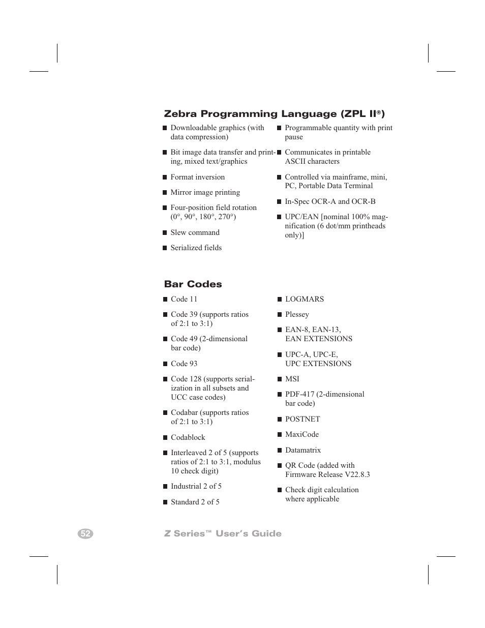 Standard printer fonts 51, Standard fonts 51, Zebra programming language (zpl ii | Bar codes | Zebra Technologies Zebra Z4000 User Manual | Page 60 / 98