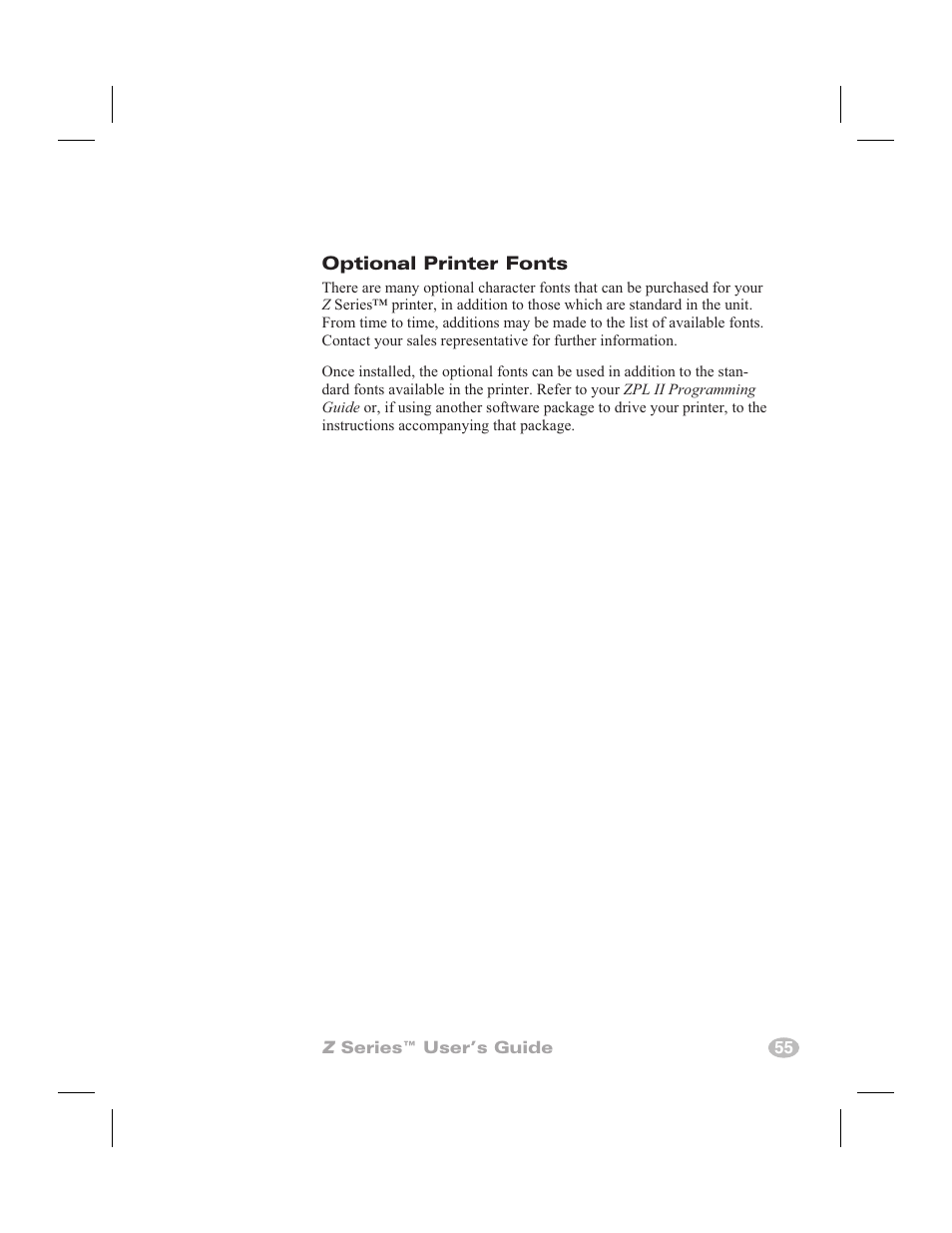 Optional printer fonts | Zebra Technologies Zebra Z4000 User Manual | Page 63 / 98
