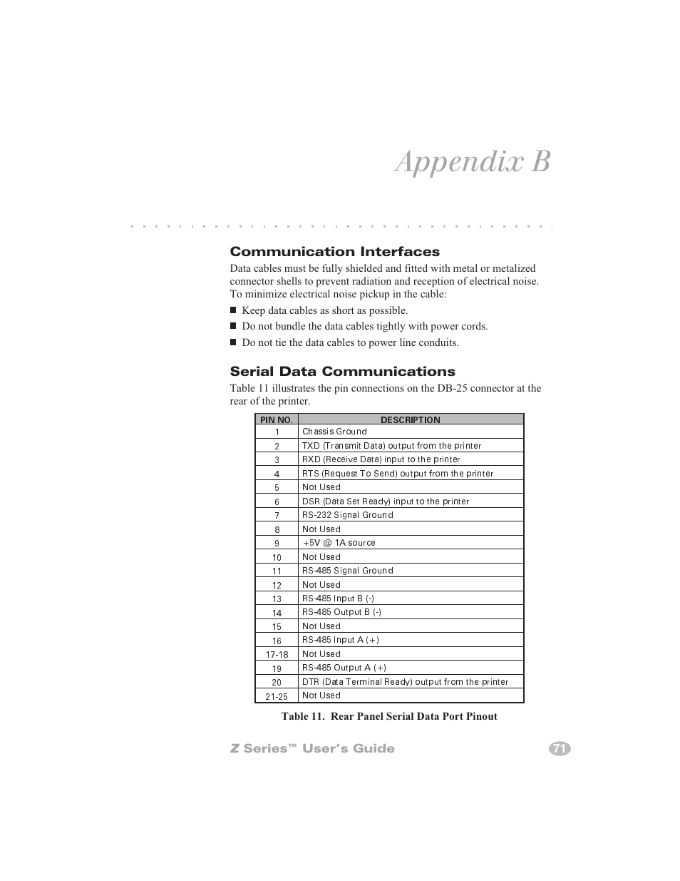 Rs-232 serial 70, Rs-232 70, Appendix b | Communication interfaces, Serial data communications, Z series™ user’s guide 71 | Zebra Technologies Zebra Z4000 User Manual | Page 79 / 98