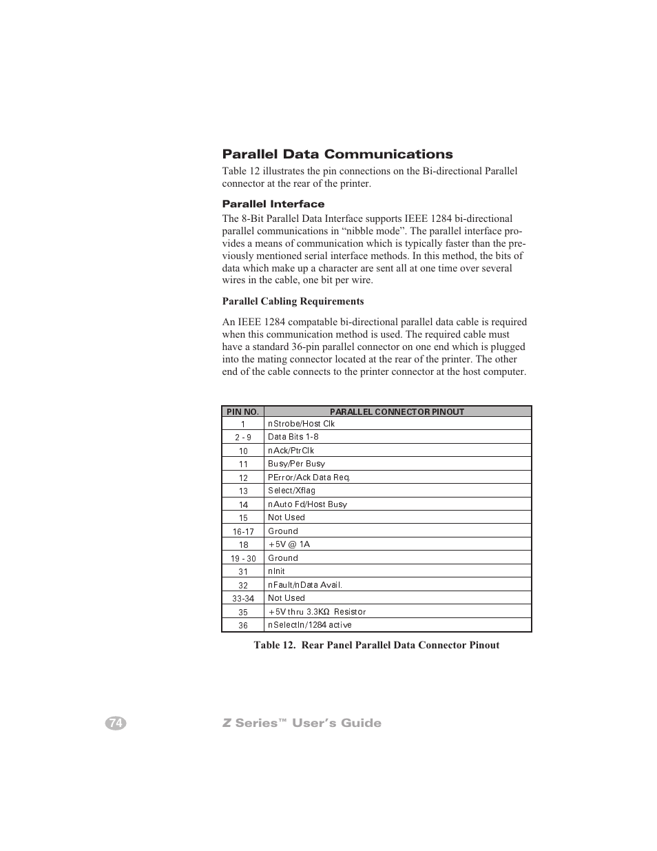 Appendix c, Fuse replacement 73, Parallel data communications | 74 z series™ user’s guide | Zebra Technologies Zebra Z4000 User Manual | Page 82 / 98