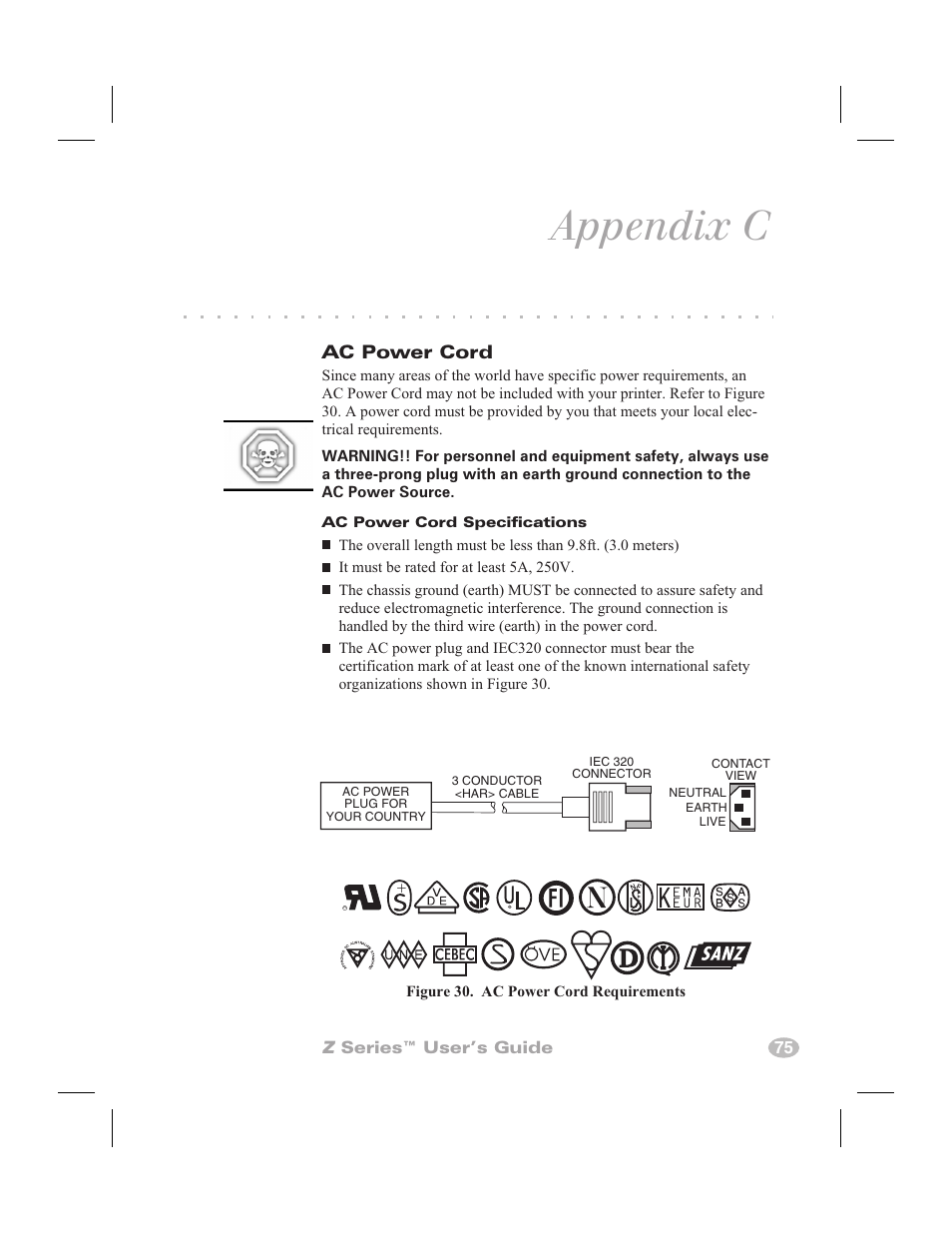 Fuse replacement 74, Shipping 74, Setting darkness for ﬁin-specﬂ bar codes 74 | In spec bar codes 74, Shipping container 74, Appendix c, Ac power cord | Zebra Technologies Zebra Z4000 User Manual | Page 83 / 98