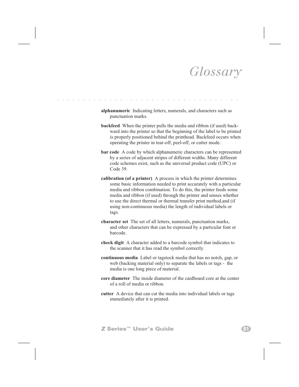 Glossary | Zebra Technologies Zebra Z4000 User Manual | Page 89 / 98