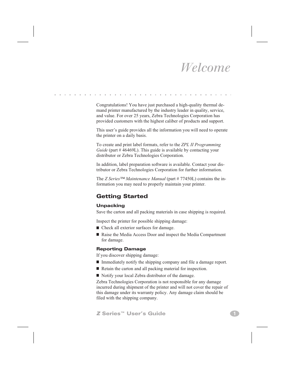 Welcome | Zebra Technologies Zebra Z4000 User Manual | Page 9 / 98