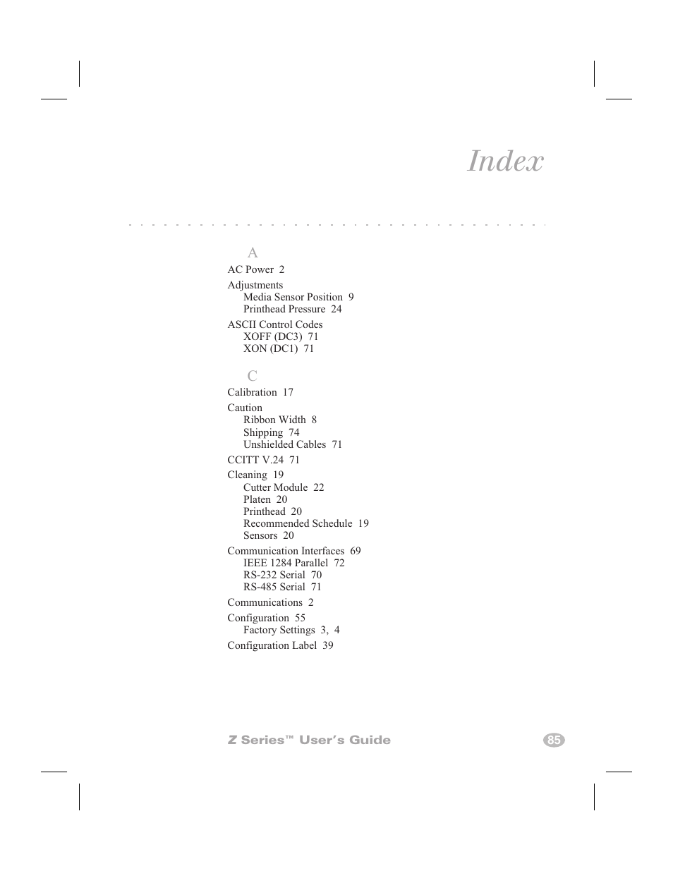 Index | Zebra Technologies Zebra Z4000 User Manual | Page 93 / 98