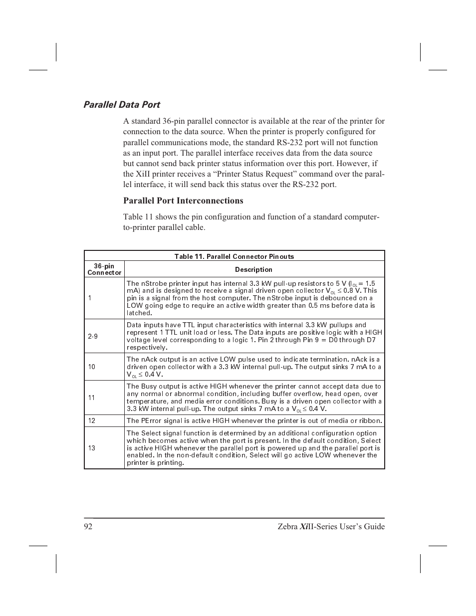 Parallel data port, Parallel port interconnections, 92 zebra xi ii-series user’s guide | Zebra Technologies XiII-Series User Manual | Page 104 / 118