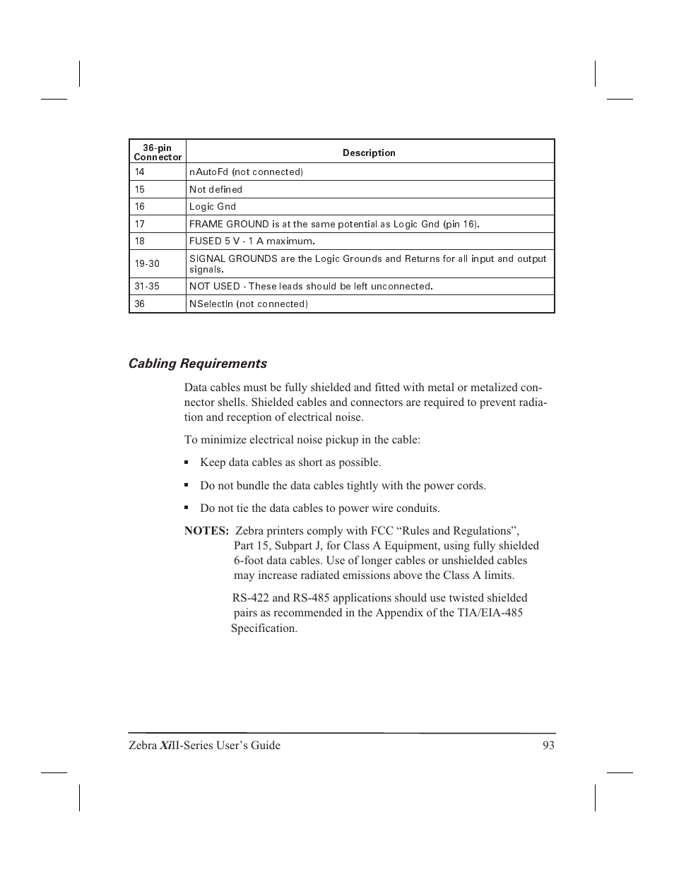 Warranty information iii, Cabling requirements | Zebra Technologies XiII-Series User Manual | Page 105 / 118