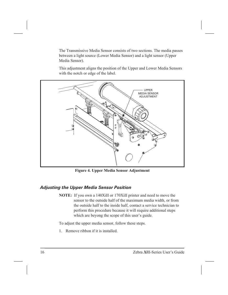 Tear-off mode media loading 8, Adjusting the upper media sensor position | Zebra Technologies XiII-Series User Manual | Page 28 / 118