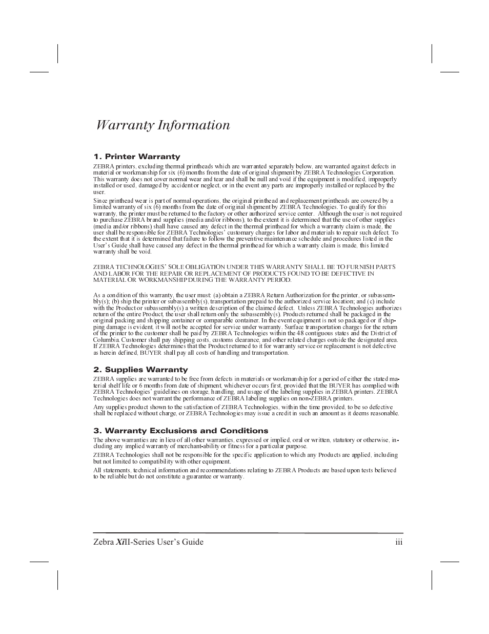 Warranty information, Zebra xi ii-series user’s guide iii | Zebra Technologies XiII-Series User Manual | Page 3 / 118