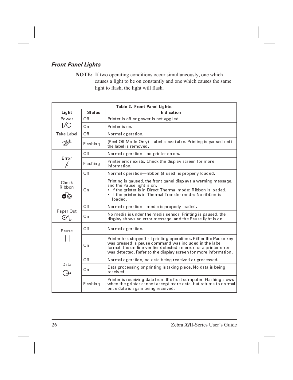 Front panel lights | Zebra Technologies XiII-Series User Manual | Page 38 / 118