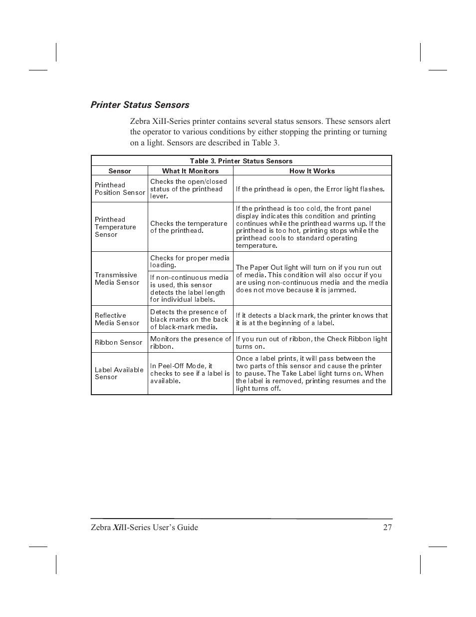 Warranty information iii, Printer status sensors | Zebra Technologies XiII-Series User Manual | Page 39 / 118
