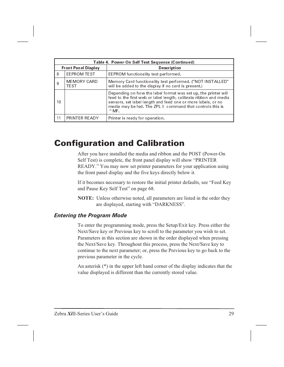 Getting started 1, Introduction 1, Print mechanism capabilities 1 | Configuration and calibration, Entering the program mode | Zebra Technologies XiII-Series User Manual | Page 41 / 118