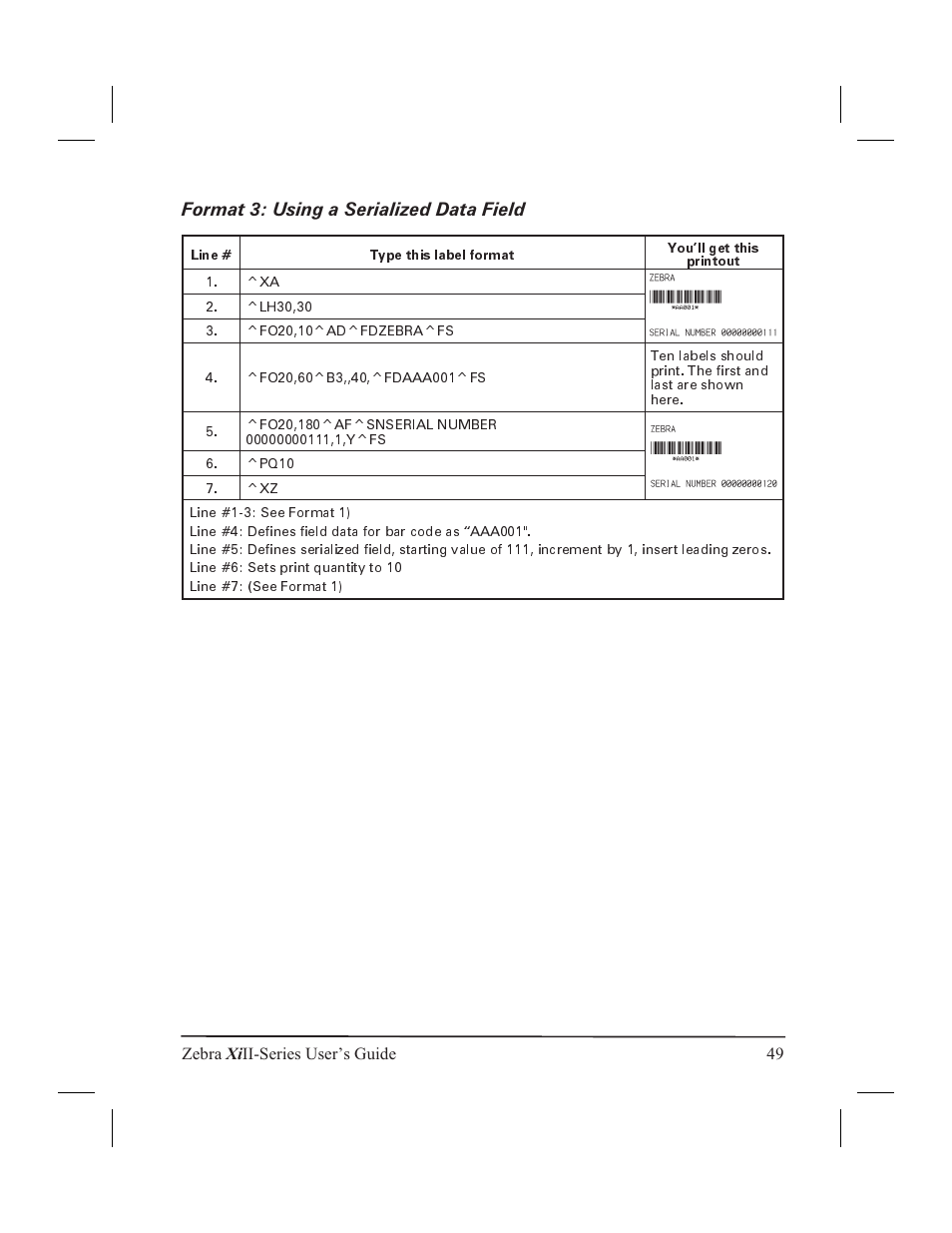 Operation 21, Operating your zebra xiii-series printer 21, Printer operating modes 21 | Tear-off mode 21, Format 3: using a serialized data field, Zebra xi ii-series user’s guide 49 | Zebra Technologies XiII-Series User Manual | Page 61 / 118