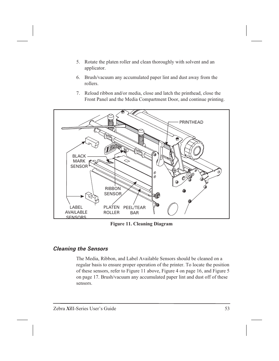 Cleaning the sensors | Zebra Technologies XiII-Series User Manual | Page 65 / 118