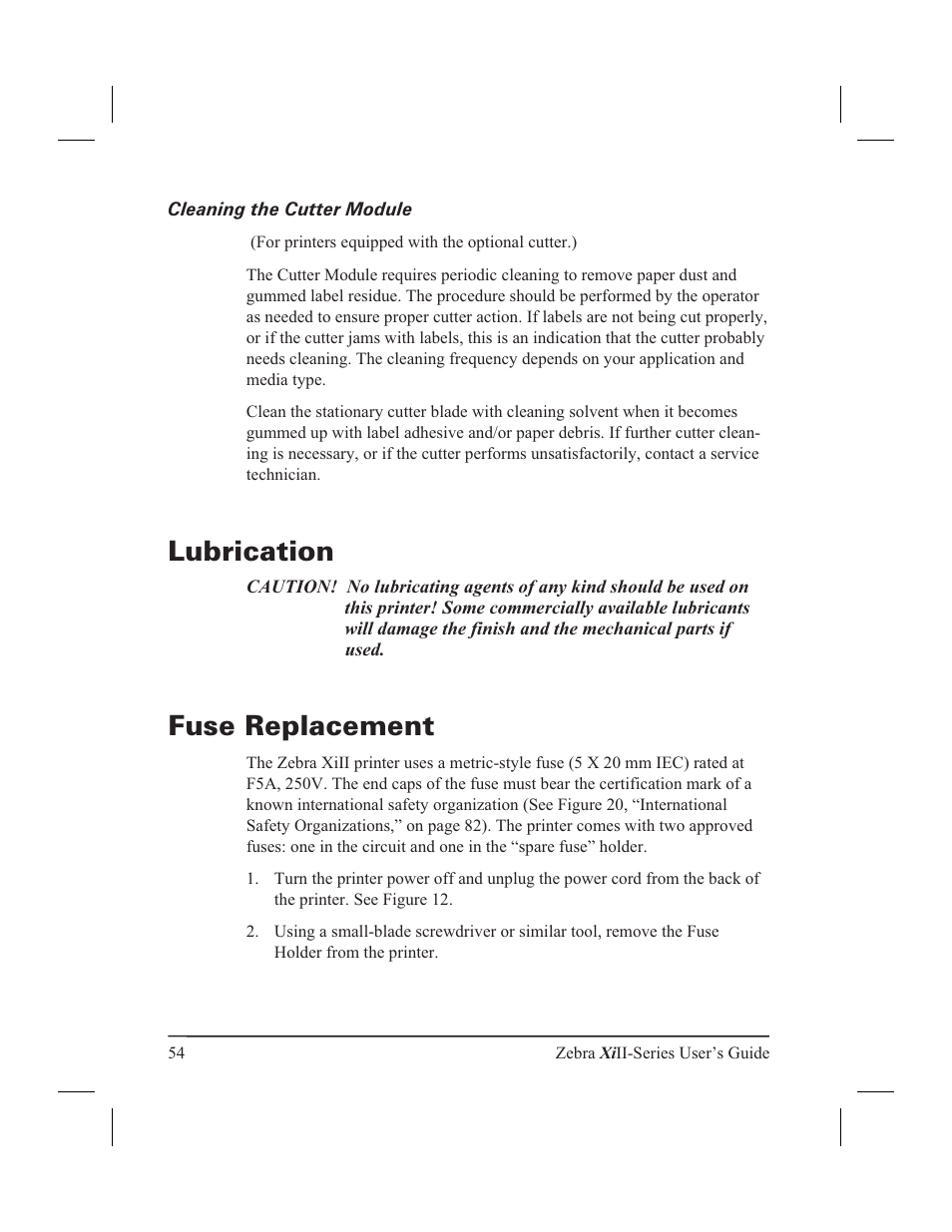 Lubrication, Fuse replacement | Zebra Technologies XiII-Series User Manual | Page 66 / 118