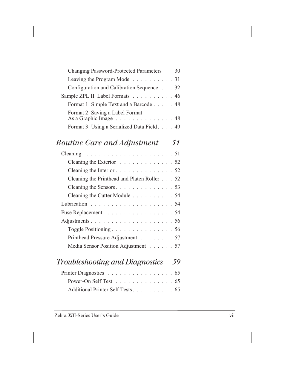 Routine care and adjustment 51, Troubleshooting and diagnostics 59 | Zebra Technologies XiII-Series User Manual | Page 7 / 118