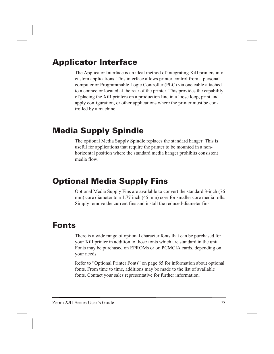 Applicator interface, Media supply spindle, Optional media supply fins | Fonts | Zebra Technologies XiII-Series User Manual | Page 85 / 118