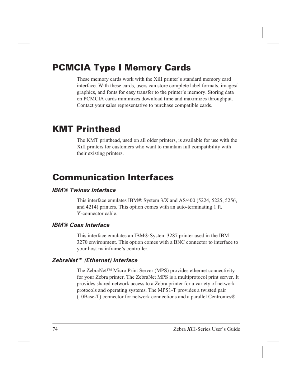 Kmt printhead, Communication interfaces | Zebra Technologies XiII-Series User Manual | Page 86 / 118