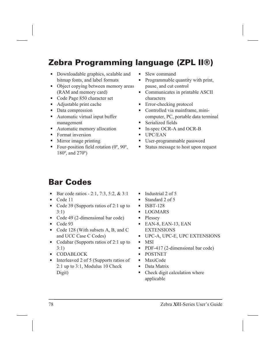 Zebra programming language (zpl ii®) bar codes, 78 zebra xi ii-series user’s guide, Code page 850 character set | Adjustable print cache, Data compression, Automatic virtual input buffer management, Format inversion, Mirror image printing, Slew command, Communicates in printable ascii characters | Zebra Technologies XiII-Series User Manual | Page 90 / 118