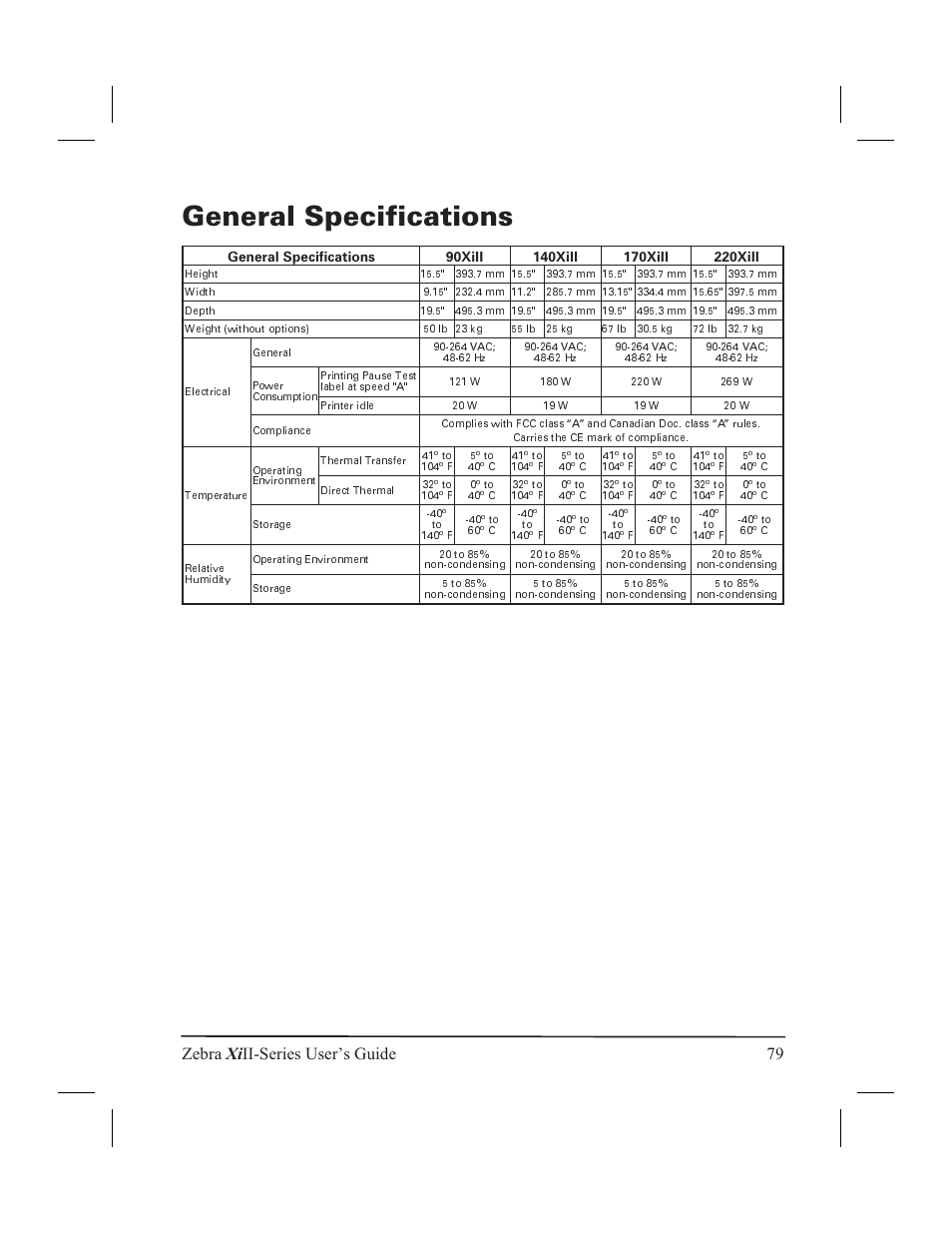 General specifications, Zebra xi ii-series user’s guide 79 | Zebra Technologies XiII-Series User Manual | Page 91 / 118
