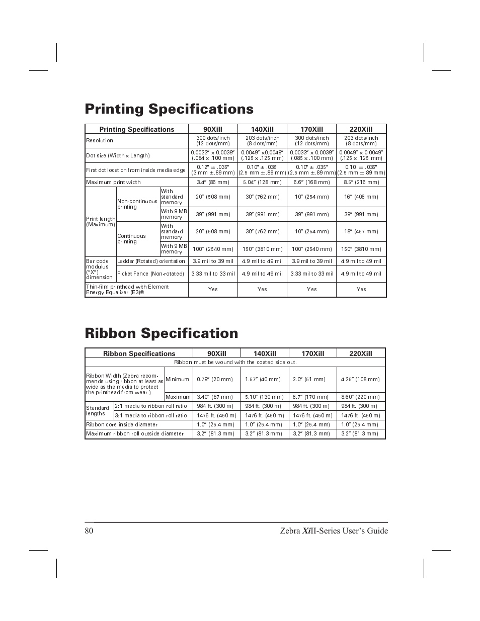 Printing specifications, Ribbon specification, 80 zebra xi ii-series user’s guide | Zebra Technologies XiII-Series User Manual | Page 92 / 118