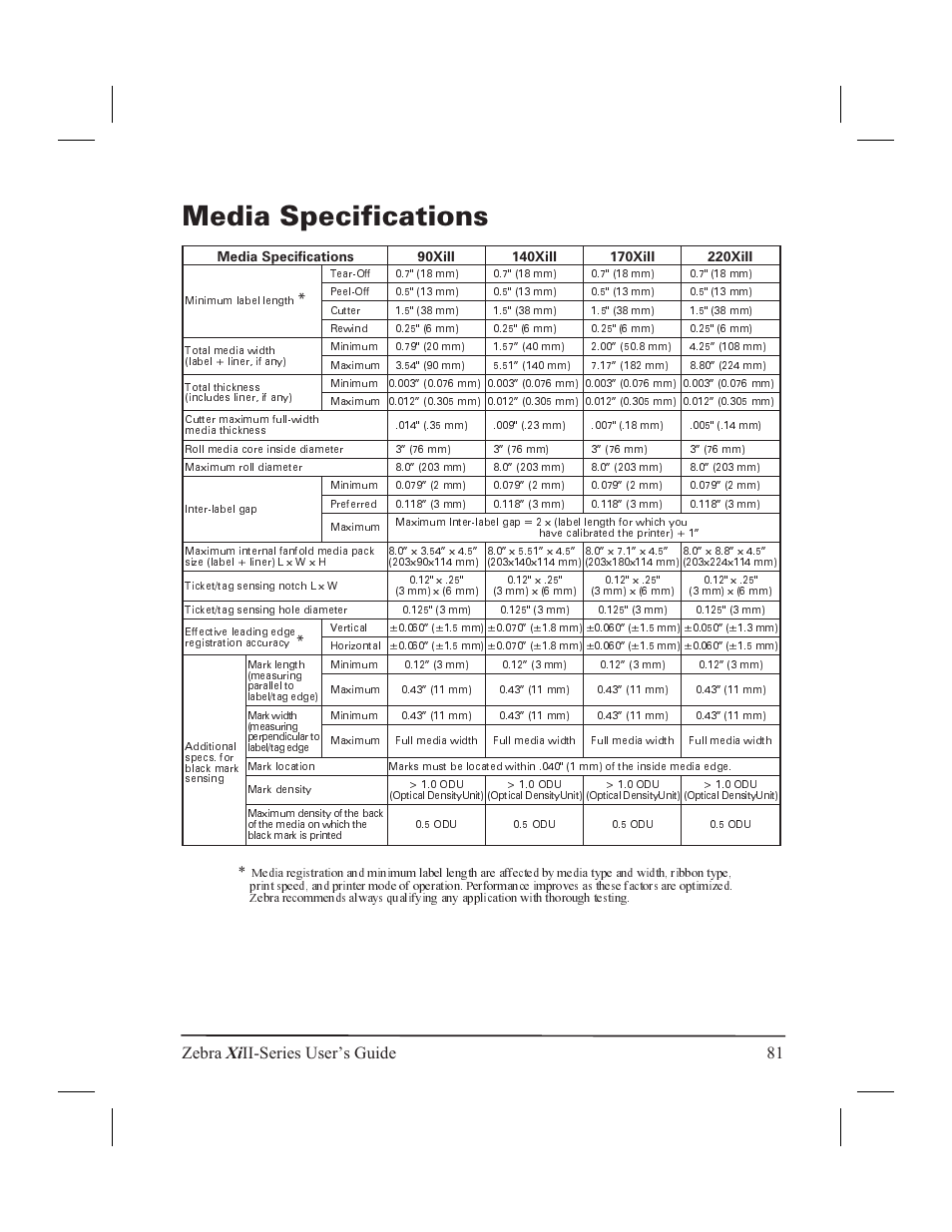 Media specifications, Zebra xi ii-series user’s guide 81 | Zebra Technologies XiII-Series User Manual | Page 93 / 118
