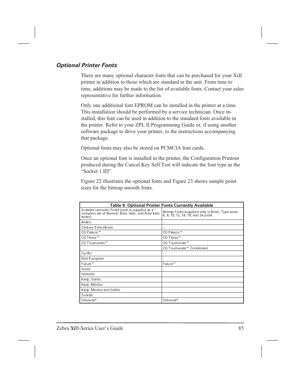 Getting started 1, Introduction 1, Print mechanism capabilities 1 | Optional printer fonts, Zebra xi ii-series user’s guide 85 | Zebra Technologies XiII-Series User Manual | Page 97 / 118
