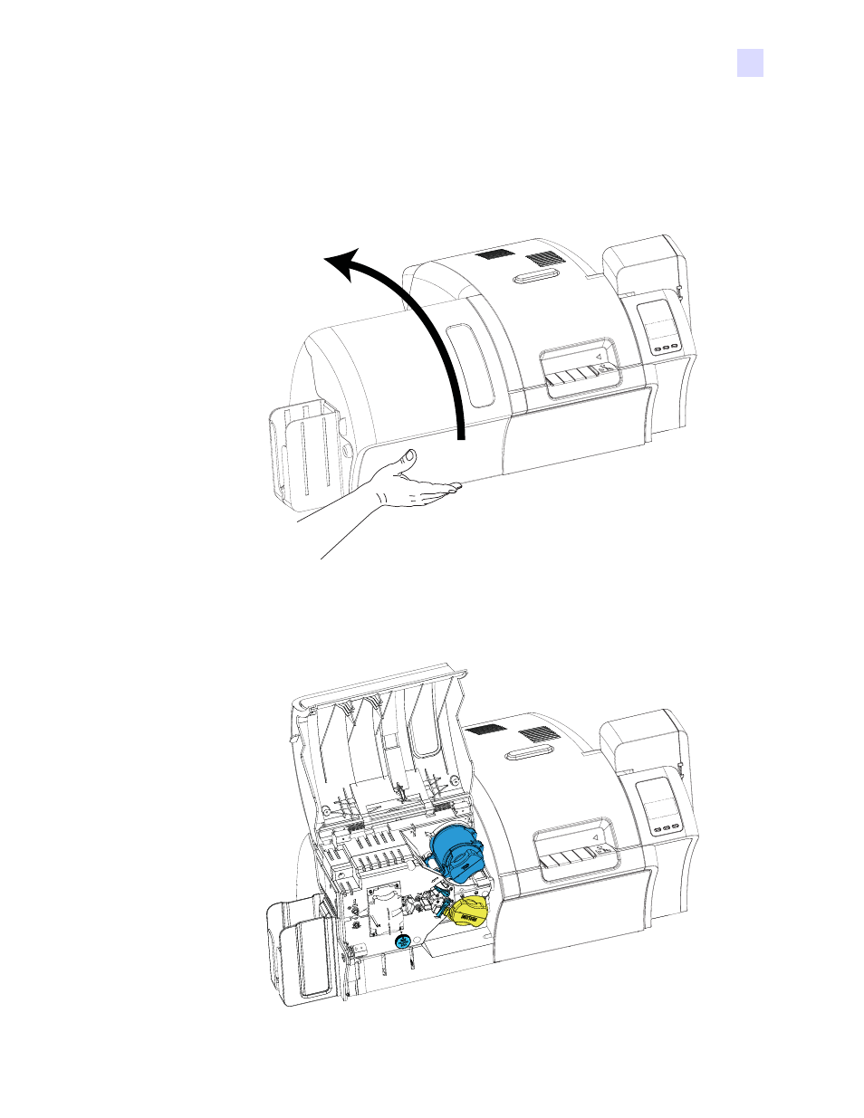 Loading the laminate, Opening the laminator door | Zebra Technologies P1013372-001 REV. A User Manual | Page 23 / 216