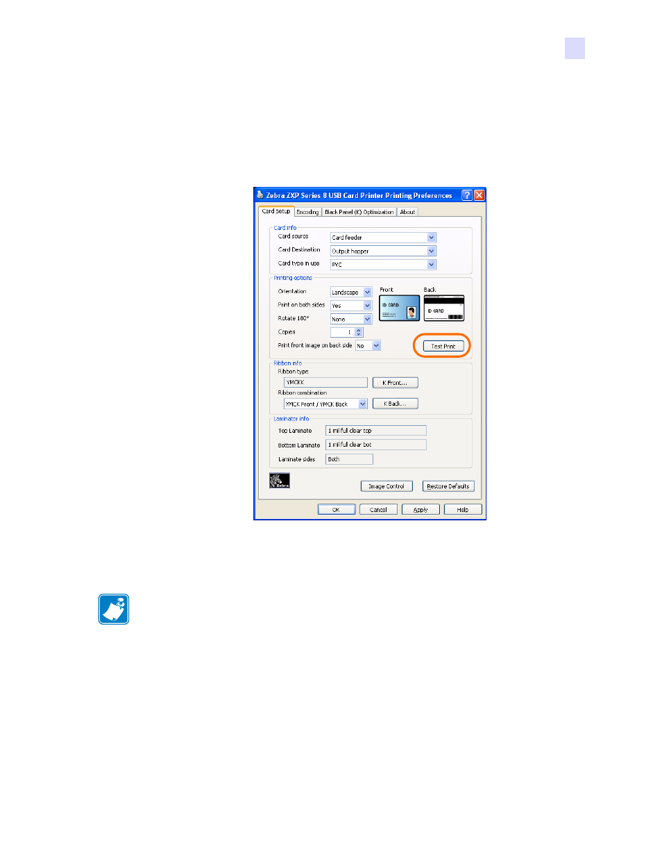 Printing a sample card | Zebra Technologies P1013372-001 REV. A User Manual | Page 53 / 216