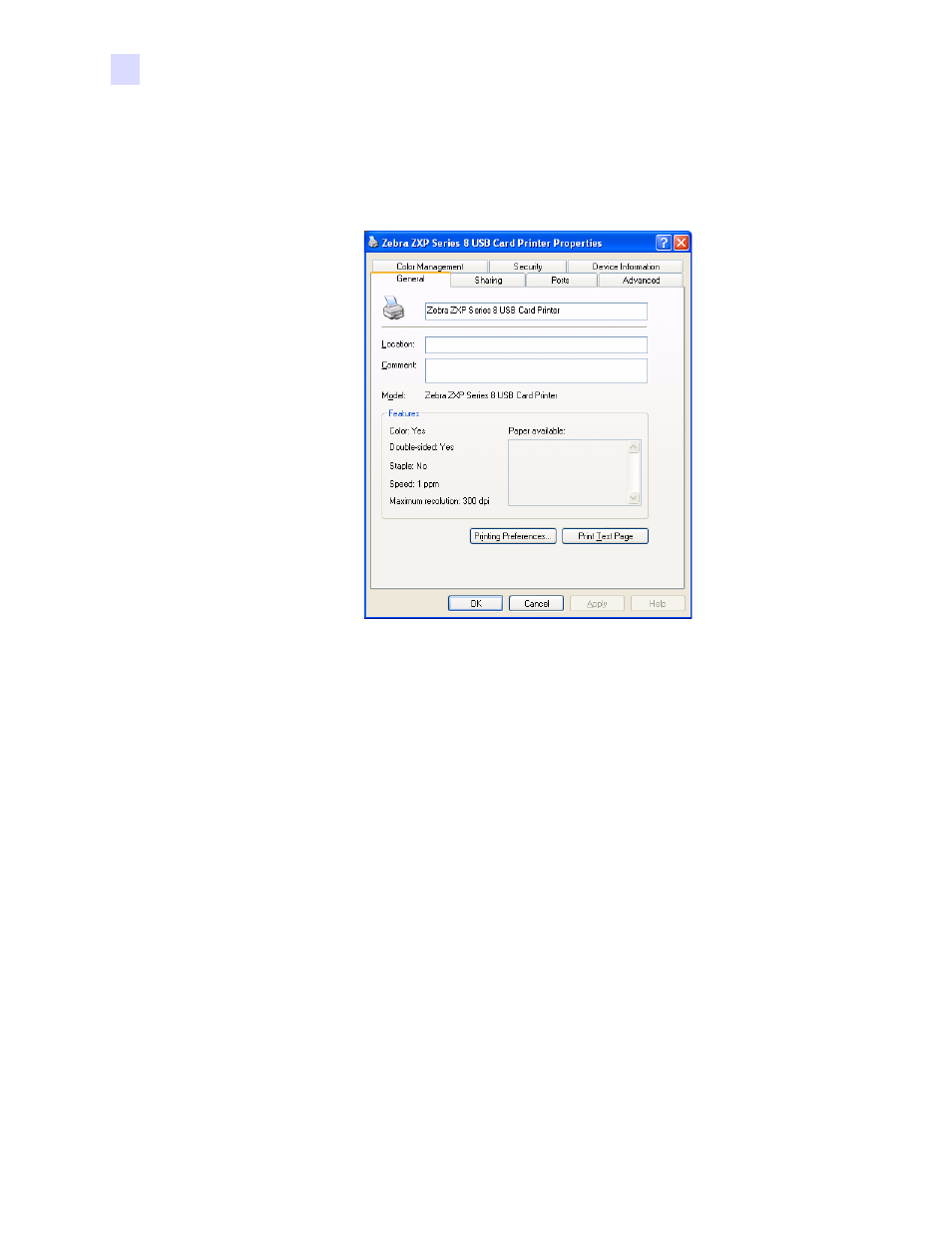 Card printer properties | Zebra Technologies P1013372-001 REV. A User Manual | Page 68 / 216
