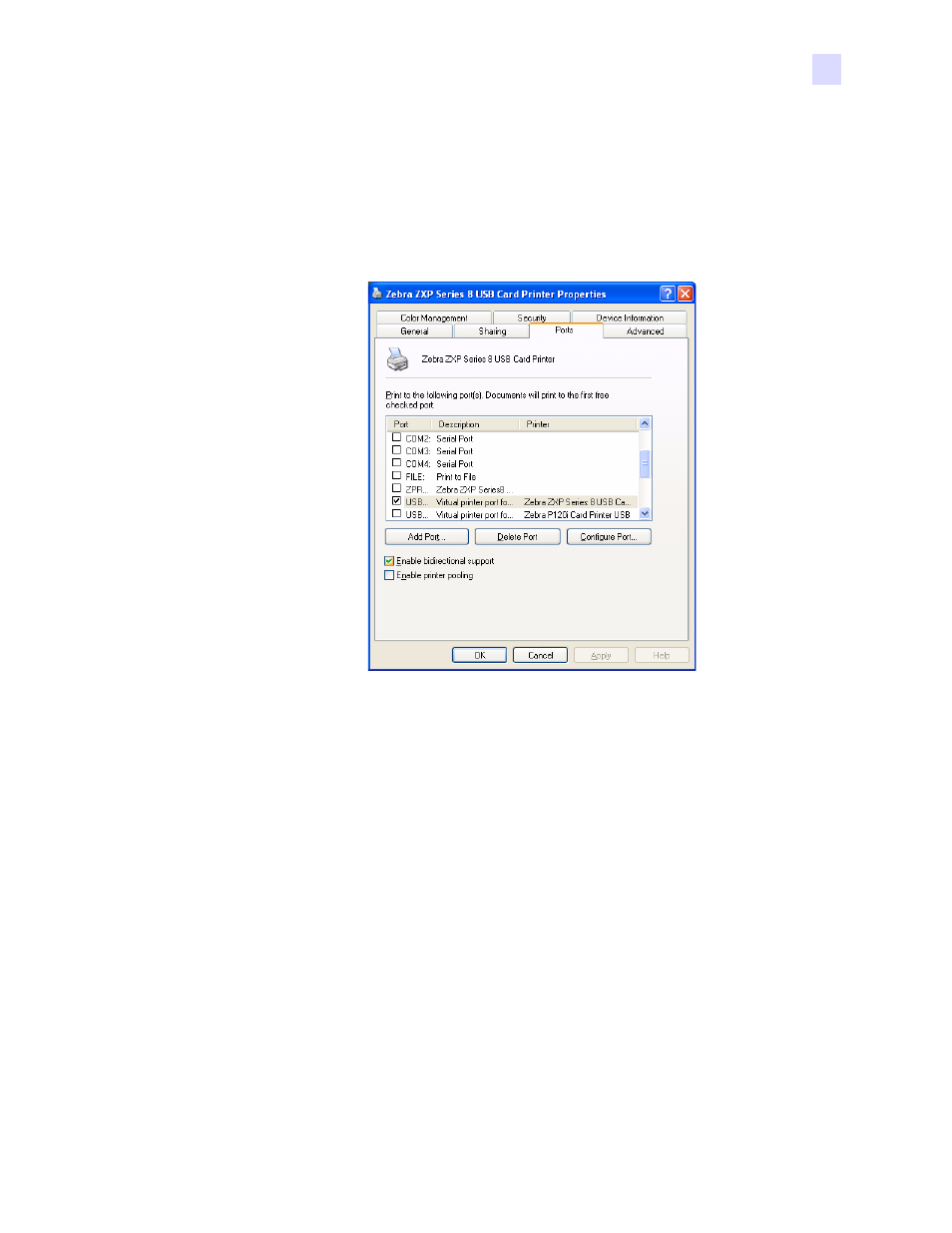 Ports tab | Zebra Technologies P1013372-001 REV. A User Manual | Page 71 / 216