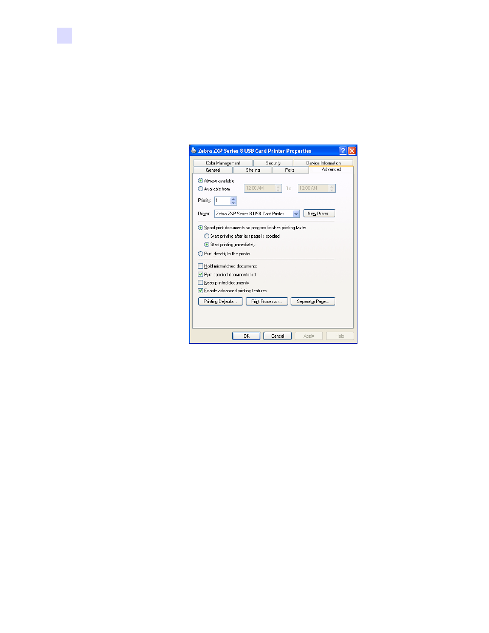 Advanced tab | Zebra Technologies P1013372-001 REV. A User Manual | Page 72 / 216