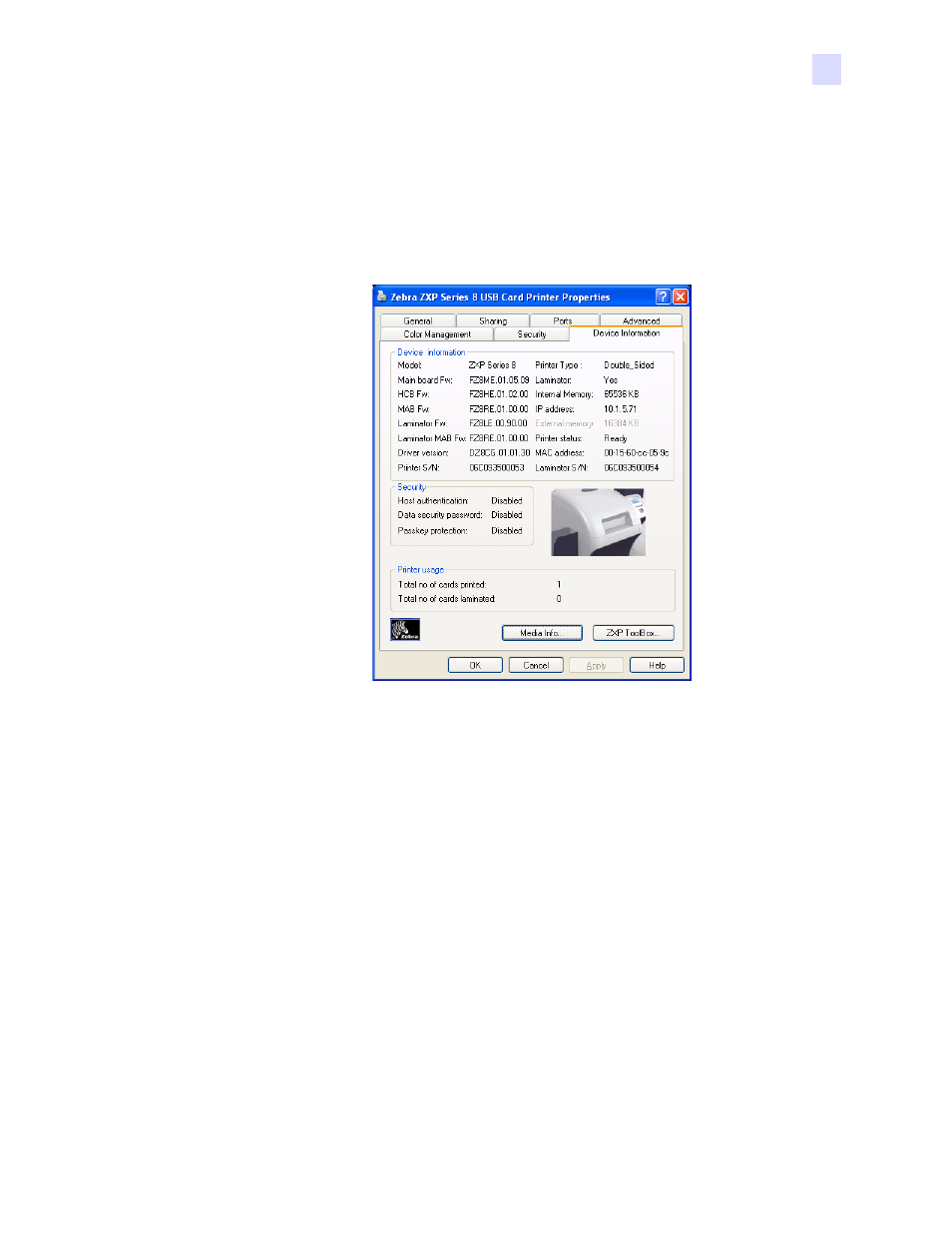 Device information tab | Zebra Technologies P1013372-001 REV. A User Manual | Page 75 / 216