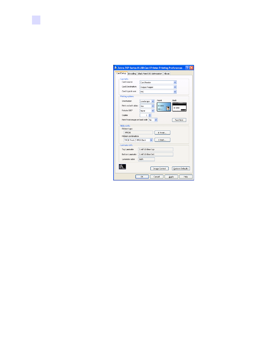 Card printer printing preferences | Zebra Technologies P1013372-001 REV. A User Manual | Page 76 / 216