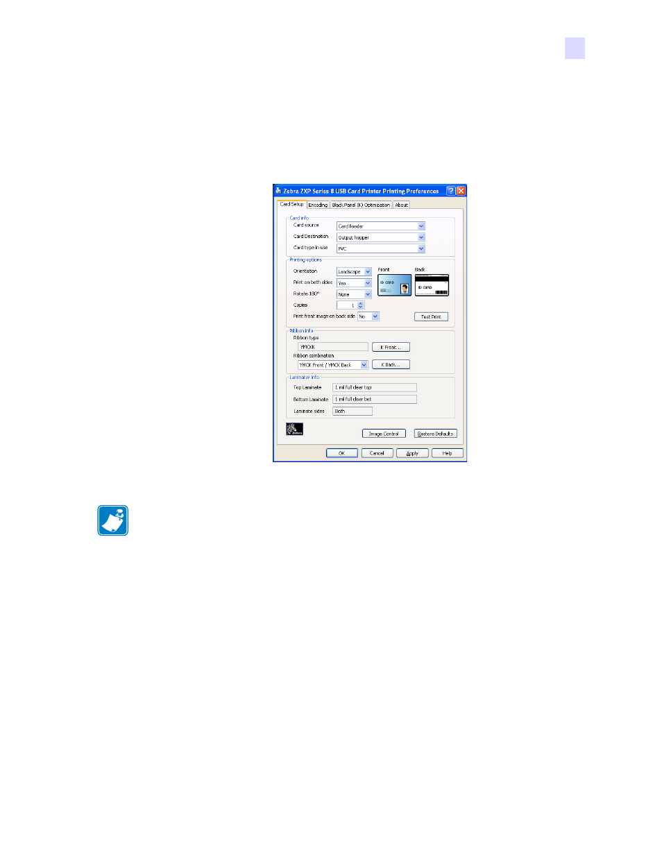 Card setup tab, Card, Setup tab | Allows | Zebra Technologies P1013372-001 REV. A User Manual | Page 77 / 216