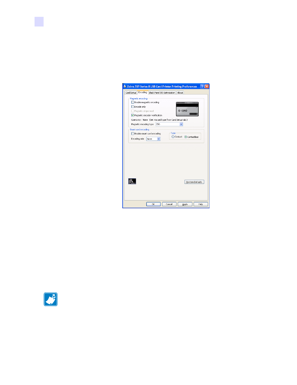 Encoding tab | Zebra Technologies P1013372-001 REV. A User Manual | Page 84 / 216