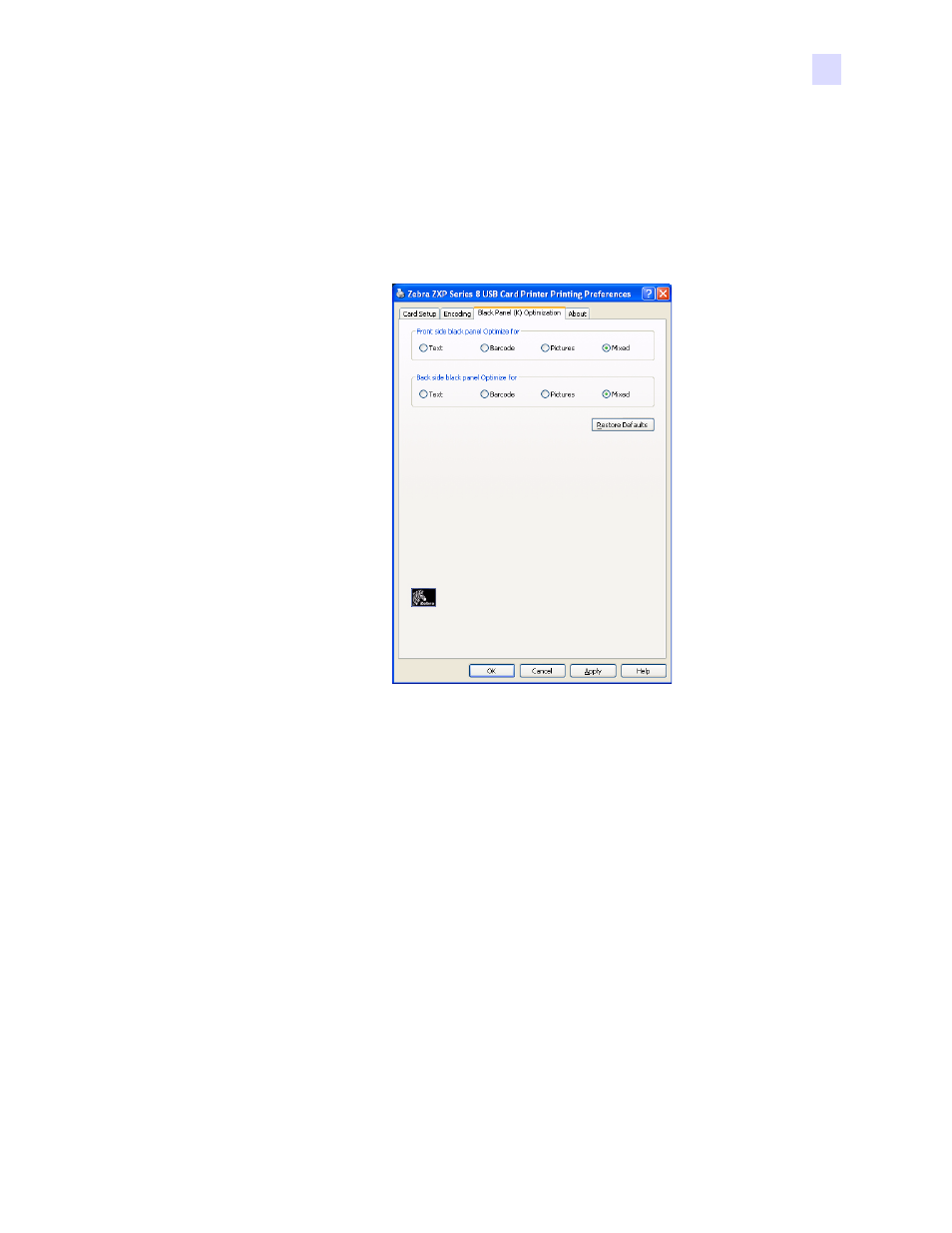 Black panel (k) tab | Zebra Technologies P1013372-001 REV. A User Manual | Page 85 / 216